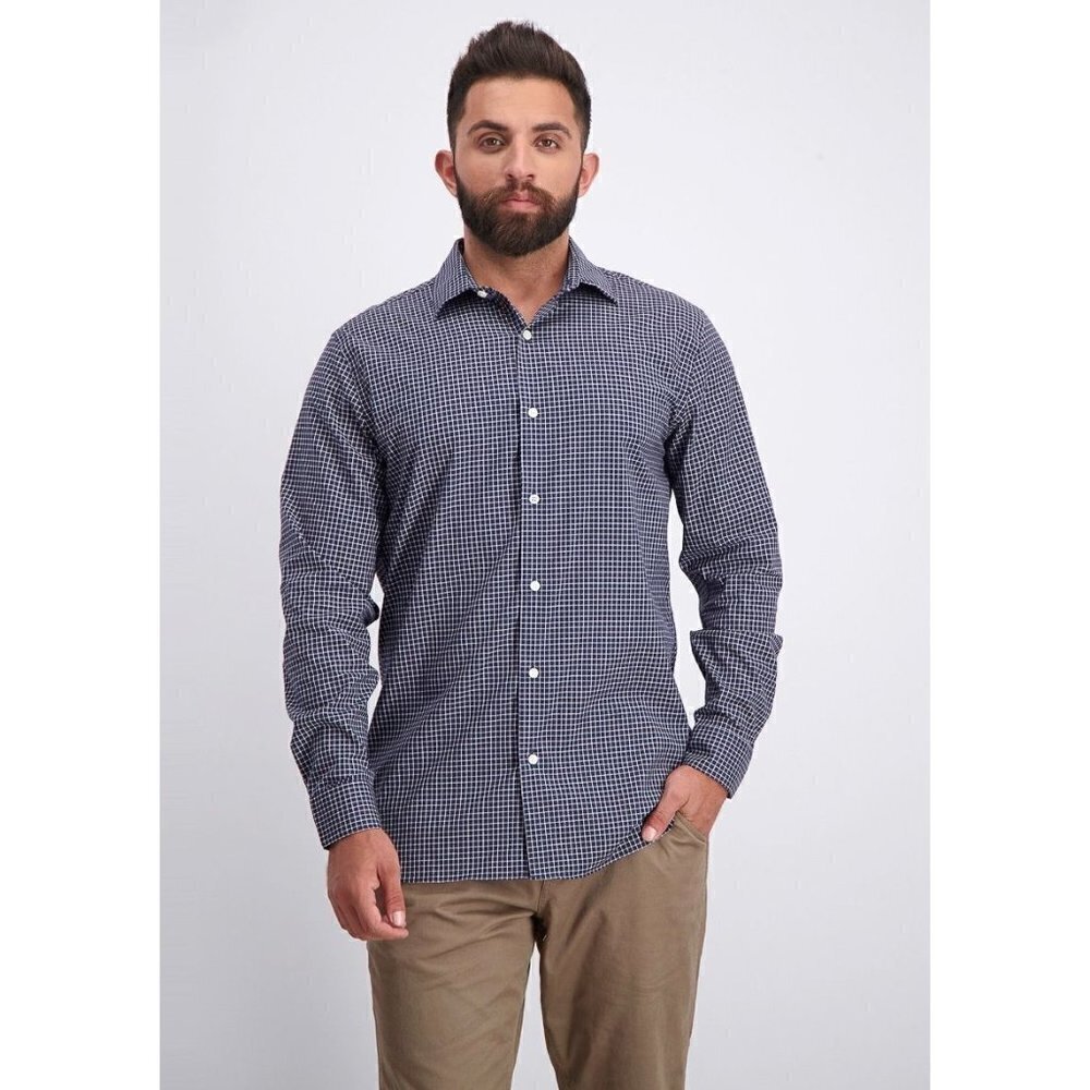 Fairlane Navy Blue & White Grid Plaid Long Sleeve Button Down XL